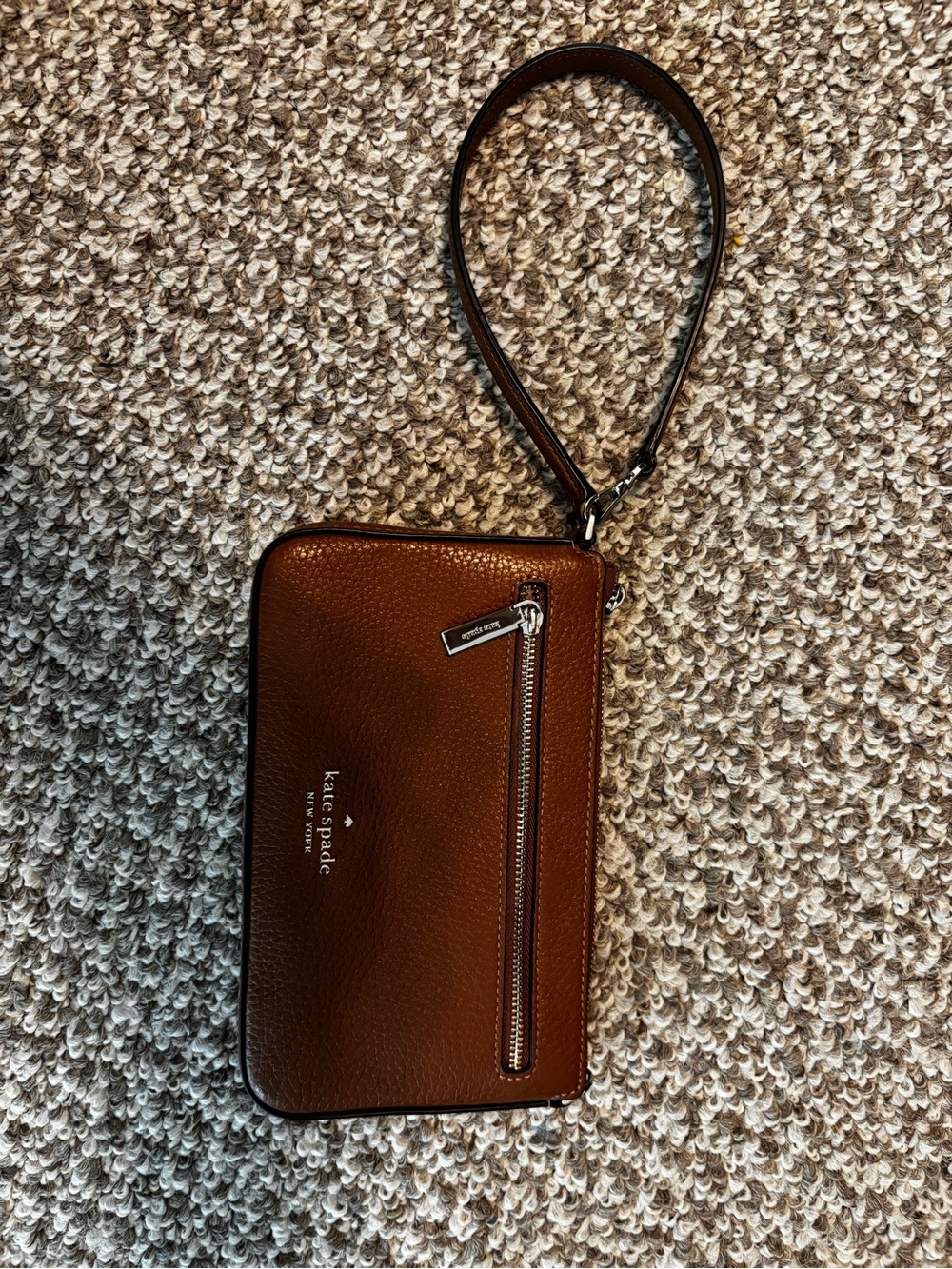 kate spade Brown Pebbled Leather Wristlet Wallet with Front Zip